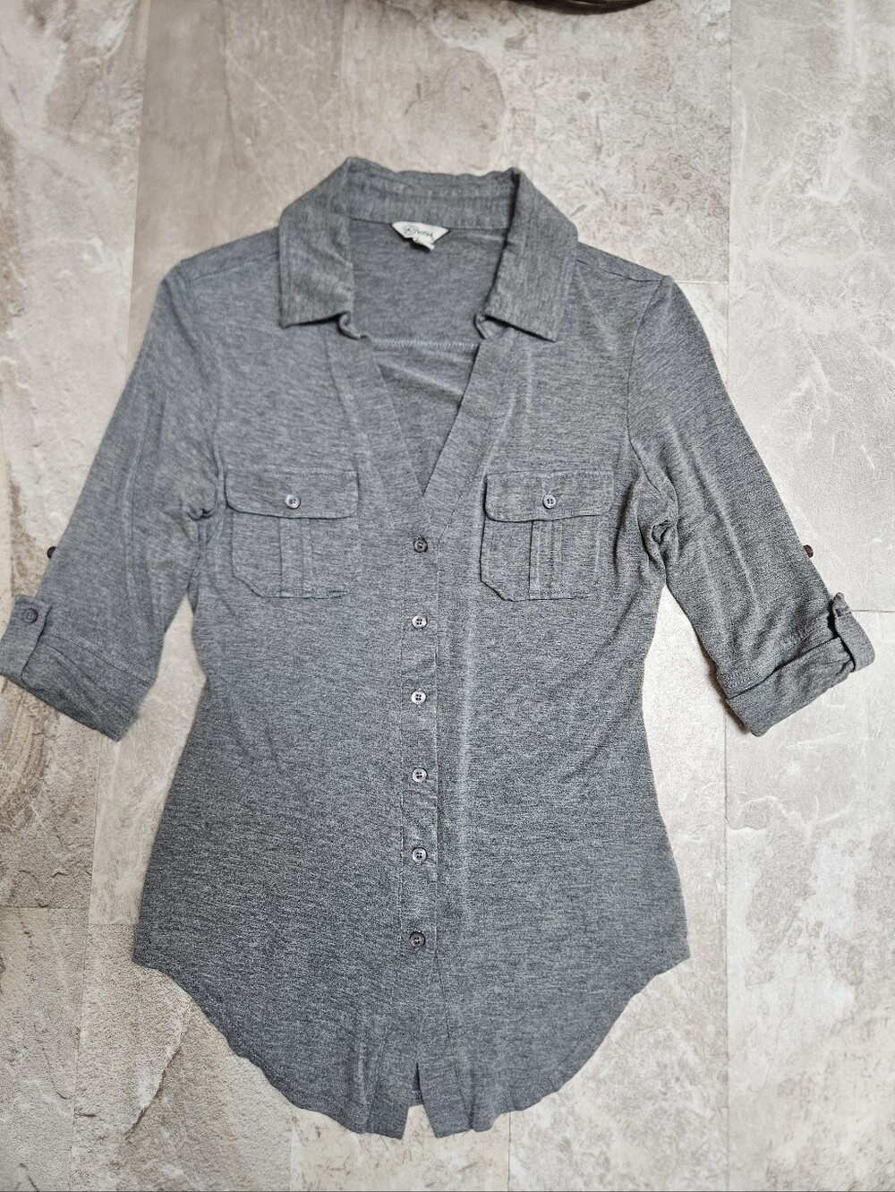 Heather Gray V-neck Button Up Shirt.
